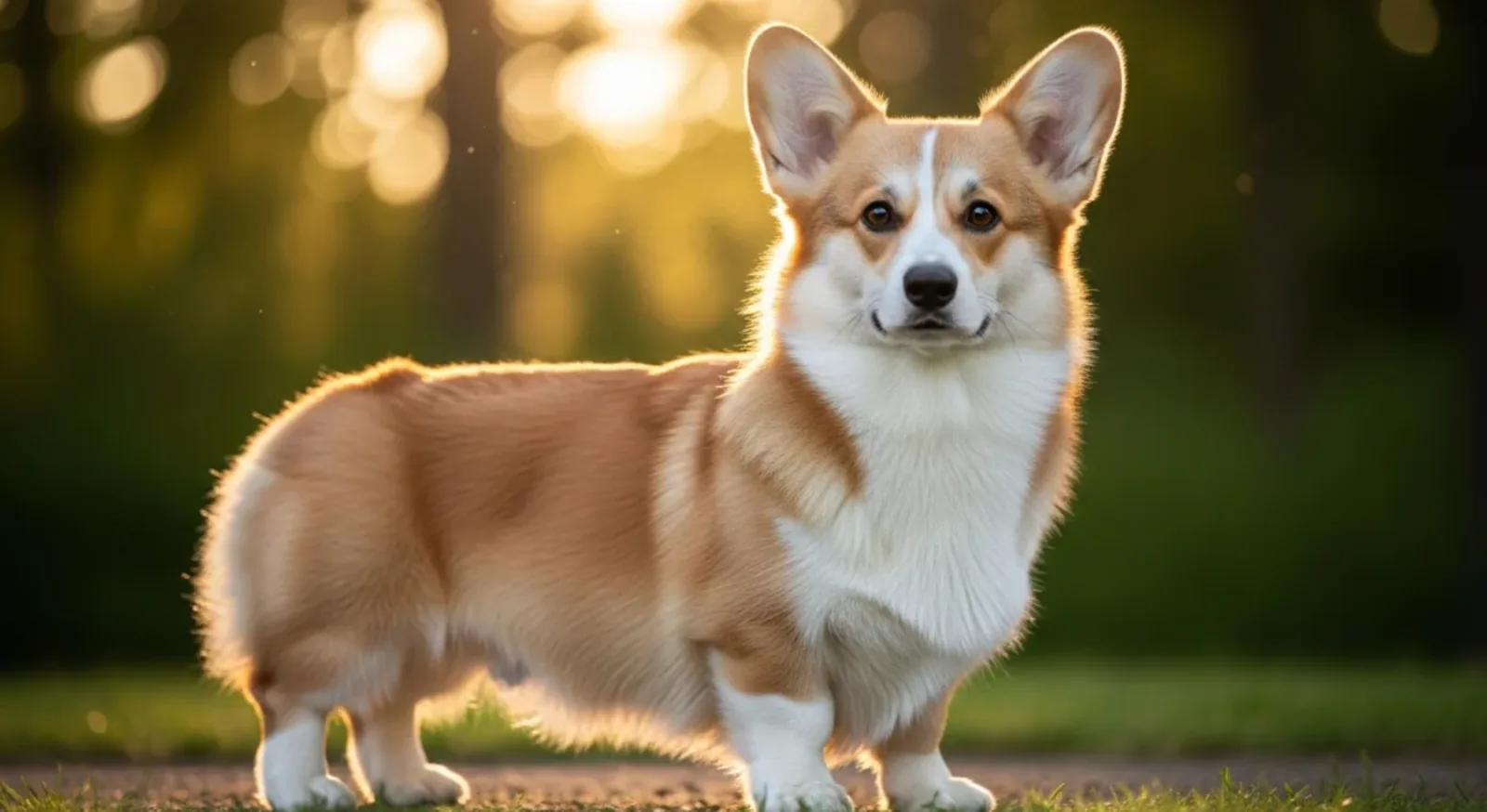 Welsh Corgi Pembroke rouge et blanc debout dans une prairie, baigné d'une lumière dorée