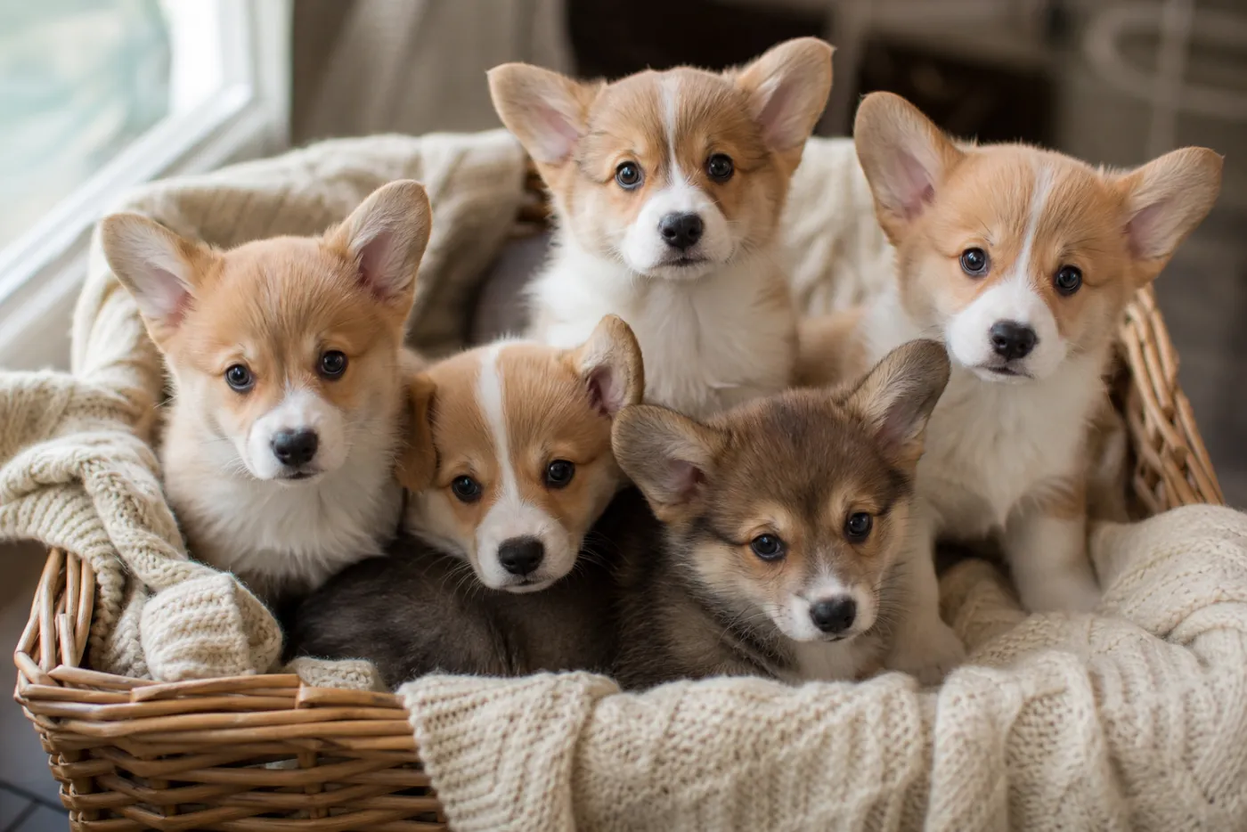 Portée de chiots corgi Pembroke blottis dans un panier, illustrant la forte demande
