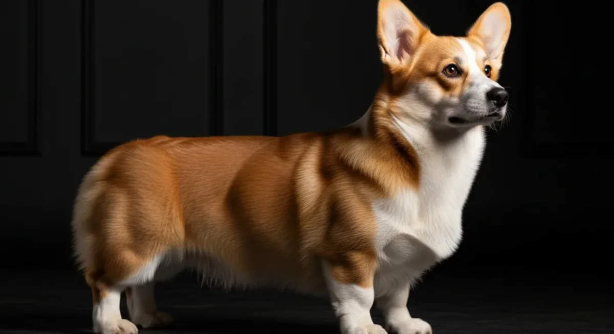 Welsh Corgi Pembroke rouge et blanc de profil, silhouette basse sans queue conforme au standard