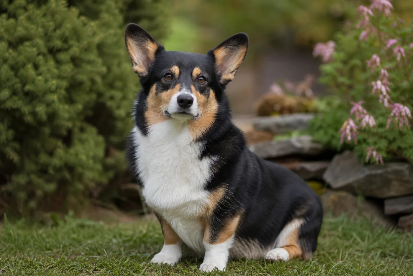 Corgi Pembroke à robe tricolore noir et feu marquée de blanc, assis dans un jardin